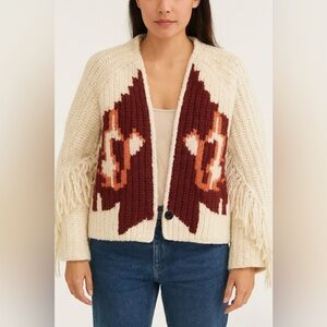 Maison Scotch & Soda Aztec Print Fringe Wool Blend Cardigan